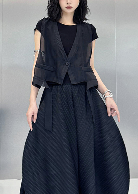 Black V Neck Asymmetrical Cotton Vest Tops Summer