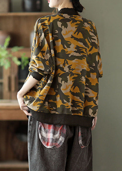 Yellow V Neck Pockets Button Print Fall Coats