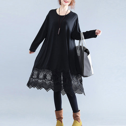 Fine Black Cotton Dresses Cotton Clothing Dresses Fine Lace Ruffles Long Sleeve Cotton Dresses