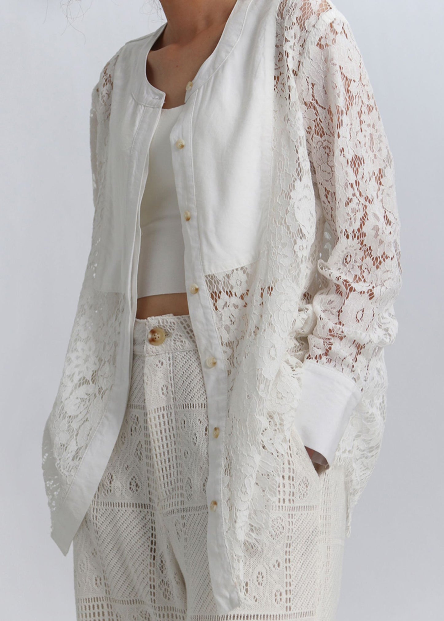 White Button Hollow Out Lace Blouses Spring