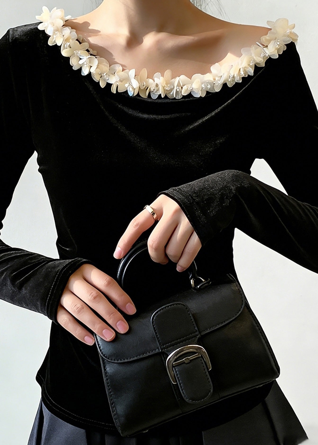 Black Patchwork Silk Velour T Shirt Spring