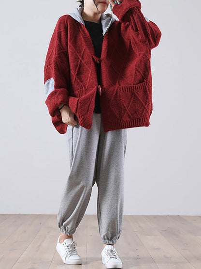 - Hooded Knitted Pocket Patchwork Sweater Coat