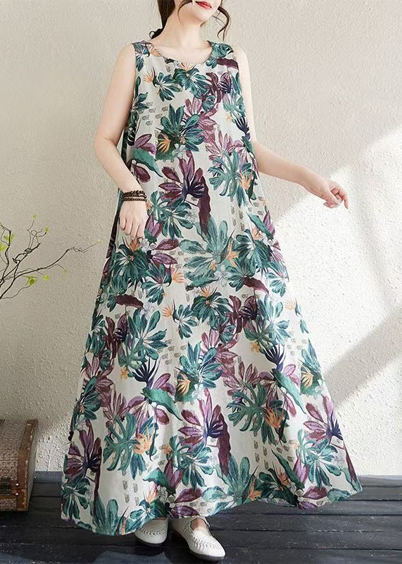 Print Exra Large Hem Cotton Loose Dress Sleeveless