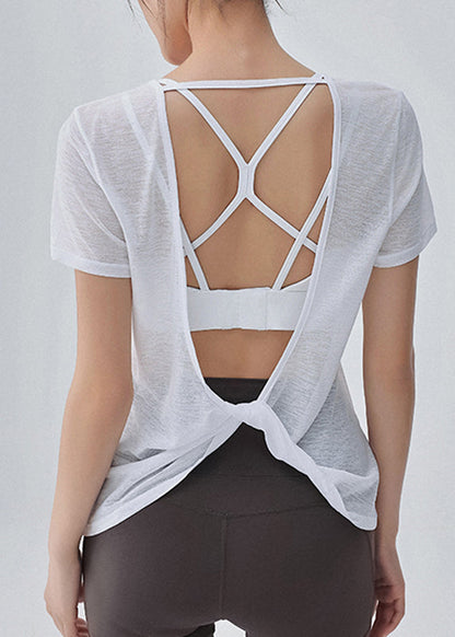 White O-neck Backless Short Sleeve Thin Yoga Tops