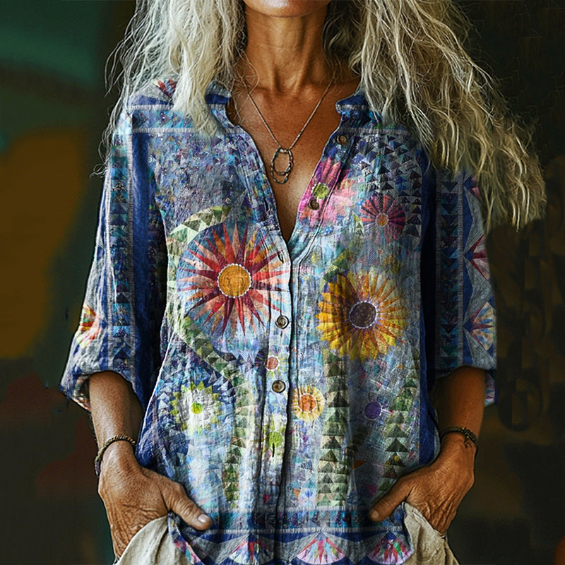 Women's Vintage Bohemian Floral Print Casual Cotton And Linen Shirt elevenforest