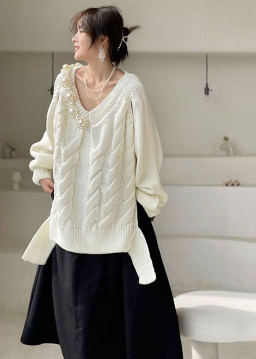 White V Neck Thick Knit Sweaters Winter