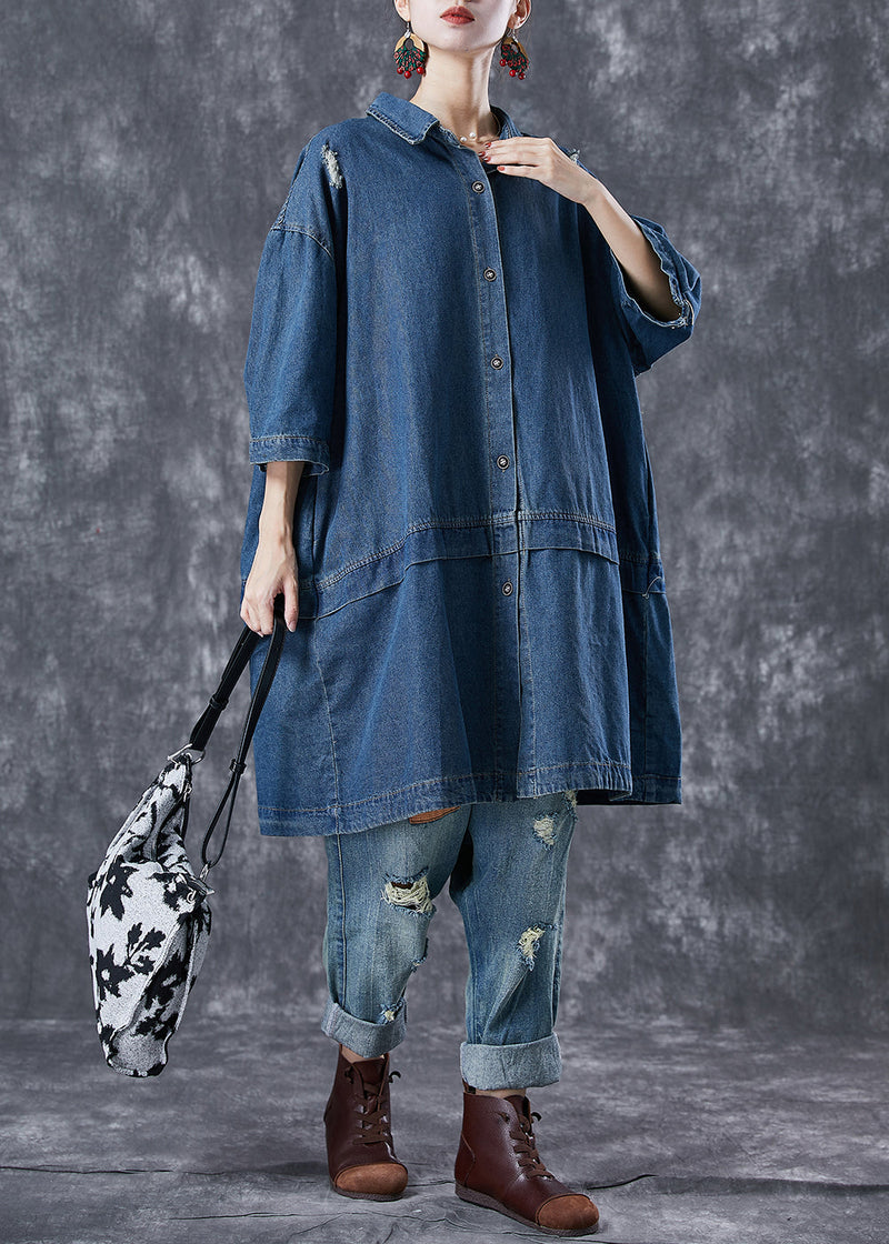 Navy Oversized Patchwork Denim Ripped Trench Coats Bracelet Sleeve