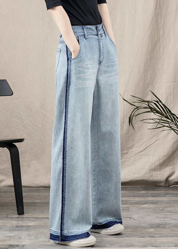 Blue Pockets Patchwork Denim Wide Leg Pants Spring