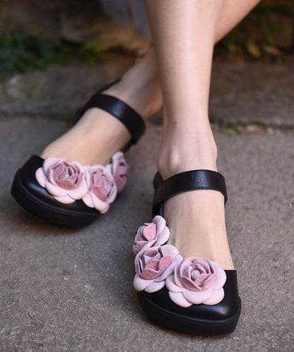 Black Cowhide Leather Classy Buckle Strap Splicing Walking Sandals
