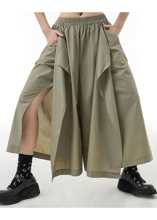 Army Green Elastic Waist Side Open Pants Skirt Spring