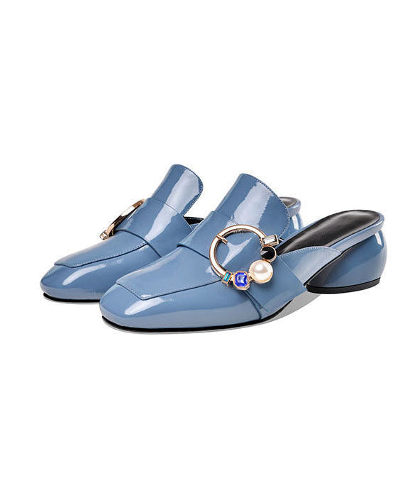 Blue Zircon Splicing Faux Leather Chunky Slide Sandals