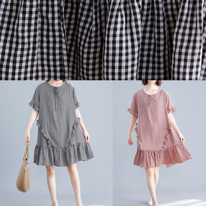 French Black Plaid Cotton Quilting Dresses O Neck Ruffles Cotton Dress