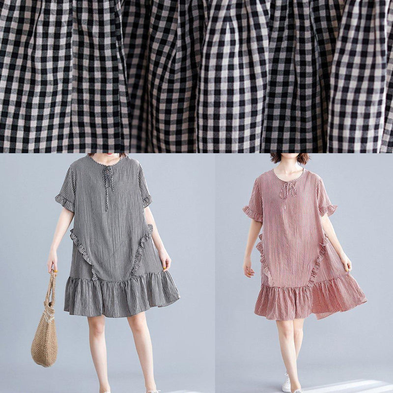 French Black Plaid Cotton Quilting Dresses O Neck Ruffles Cotton Dress