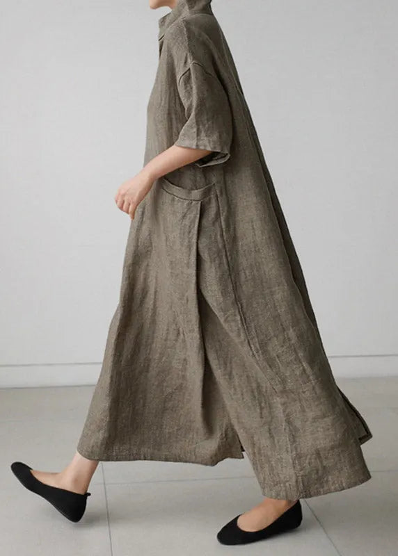 Grey Peter Pan Collar Pockets Linen Long Dresses Short Sleeve