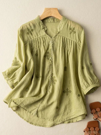 Embroidered V Neck 3/4 Sleeve Linen Shirt Top