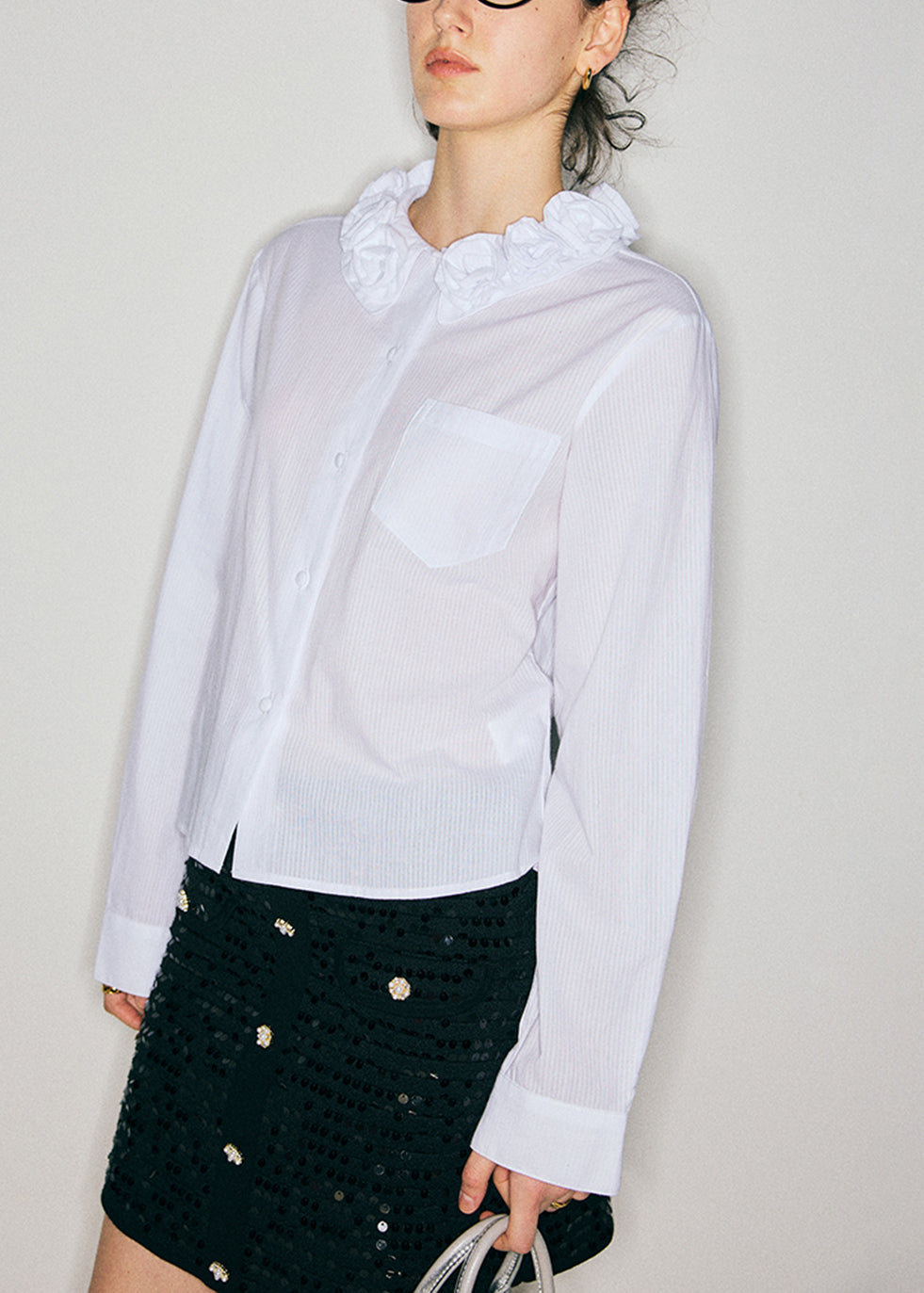 Boutique White Jacquard Cotton Shirt Tops Fall