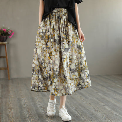 Cozy Linen Retro Loose Printed A-line Skirt