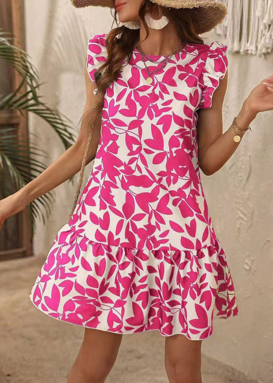 Rose O Neck Print Cotton Mid Dress Butterfly Sleeve