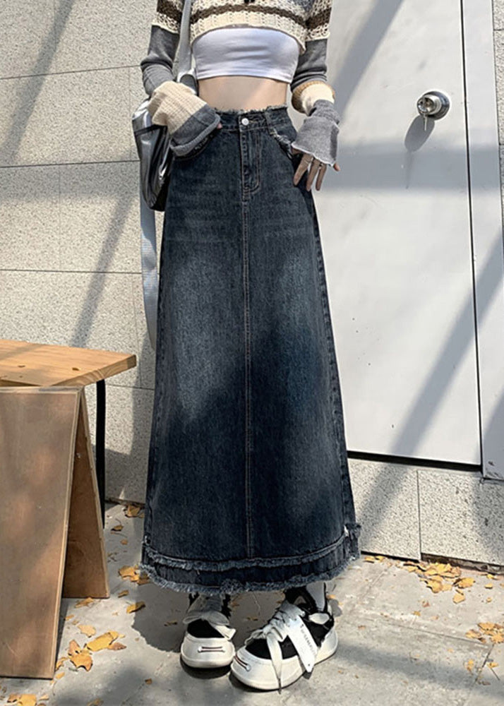 Blue Patchwork Button Denim a Line Skirts
