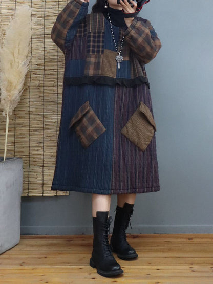 Thick Plaid Large Pocket Round Neck Padded Dress