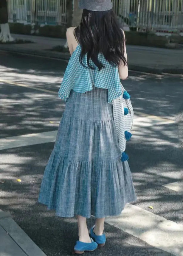 French Plaid Asymmetrical Tops and Grey Skirts Cotton Two Pieces Set Sleeveless