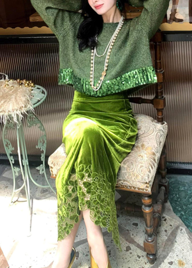 Green Hollow Out Cotton Knit Sweaters Spring