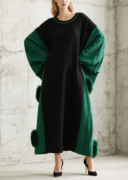 Black Oversized Patchwork Fuzzy Ball Decorated Long Dress Batwing Sleeve