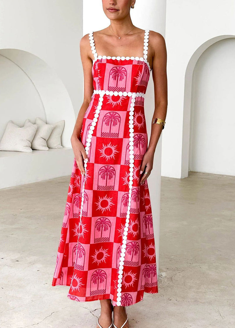 Beige Print Cotton Spaghetti Strap Dress Summer