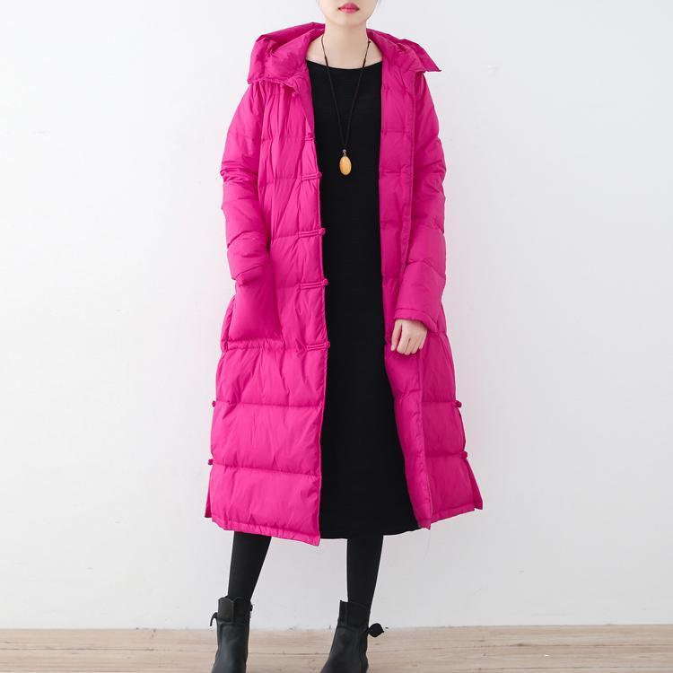 Fine Rose Red Puffers Jackets Loose Fitting Down Jacket New Hooded Winter Outwear Chinese Button