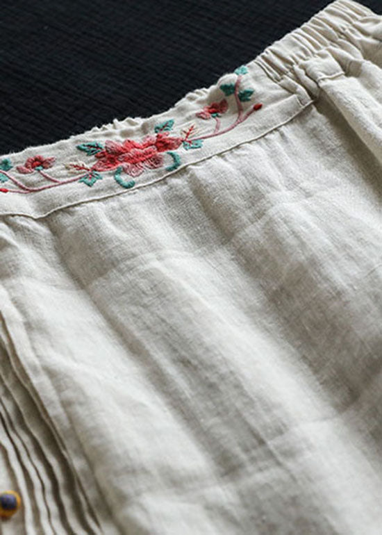 Beige Embroideried Pockets Patchwork Cotton Skirts Summer