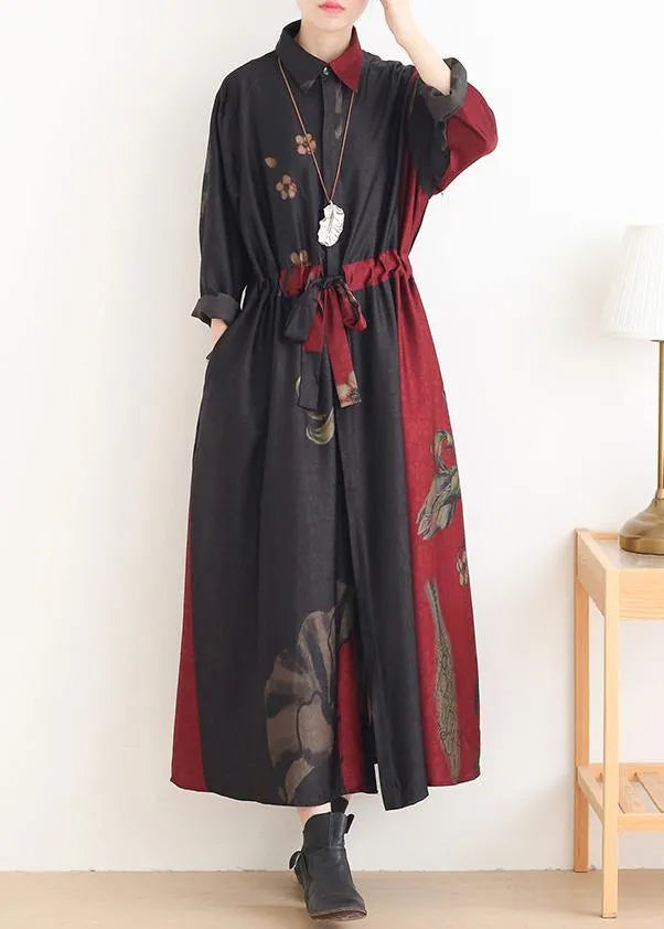 Loose Lapel Drawstring Tunic Pattern Catwalk Red Print Traveling Dresses