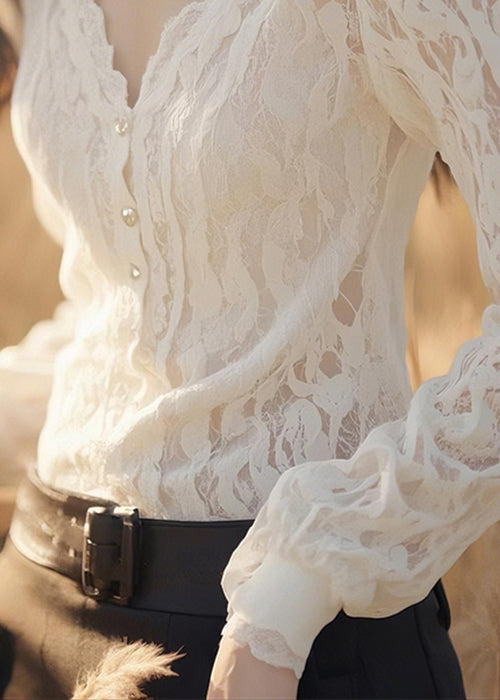 Slim Fit White V Neck Button Lace Blouses Fall