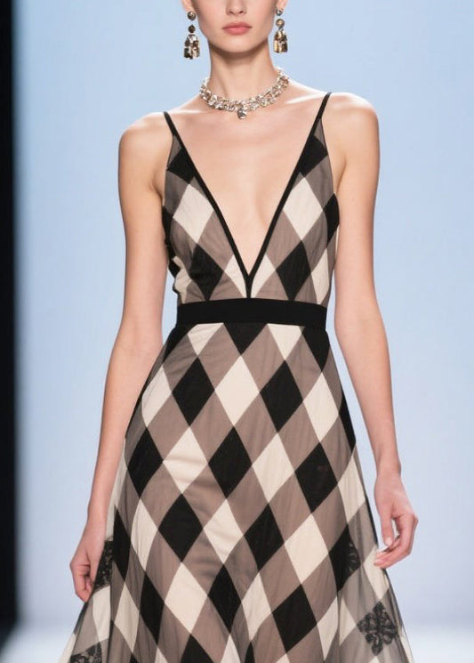 Colorblock Plaid Patchwork Lace Chiffon Evening Dress Summer