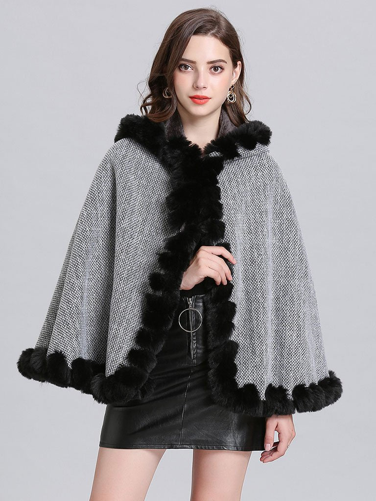 Hooded Winter Coat Faux Fur Long Sleeve Open Front Luxurious Cape Coat for