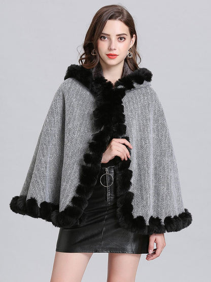 Hooded Winter Coat Faux Fur Long Sleeve Open Front Luxurious Cape Coat for