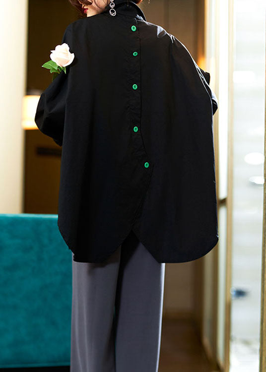 Black Peter Pan Collar Zircon Patchwork Cotton Shirts Top Fall