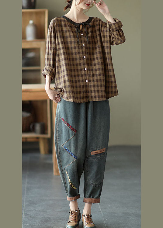 Diy Coffee Plaid Button Tie Fall Shirt Long Sleeve