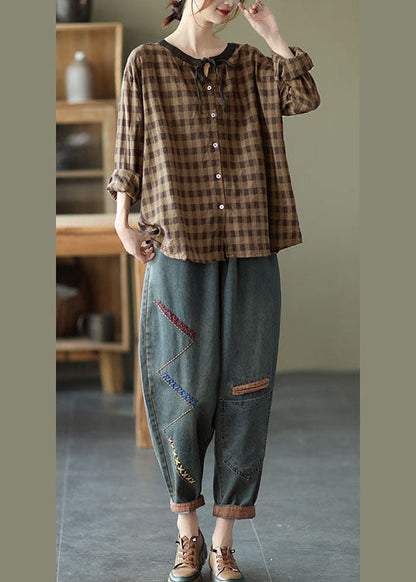 Diy Coffee Plaid Button Tie Fall Shirt Long Sleeve