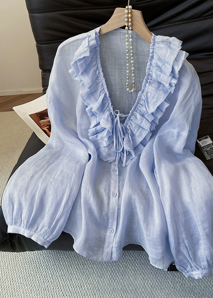 Blue Ruffled Lace Up Button Cotton Blouses Fall