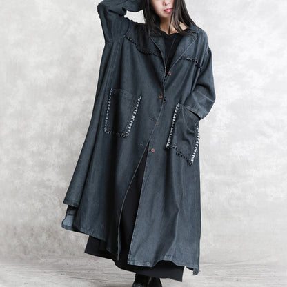 Black Winter Coat Oversized Notched Pockets Long Sleeve Denim Patchwork Long Coats