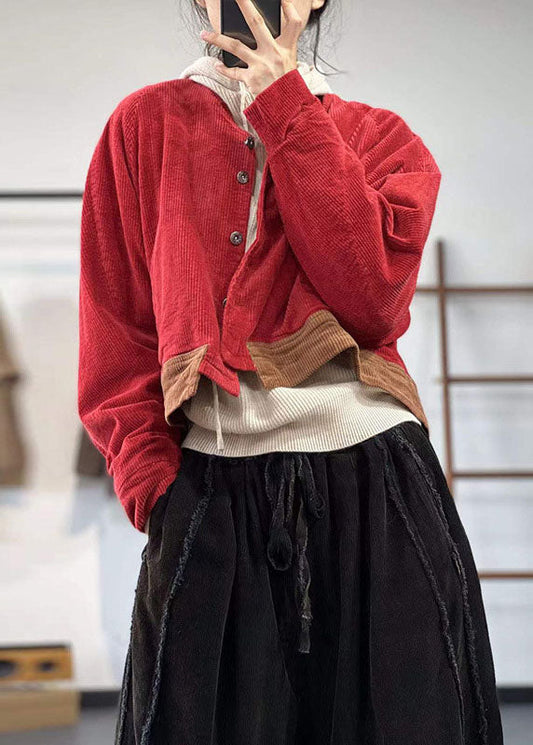 Red Oversized Patchwork Thick Corduroy Coat Winter