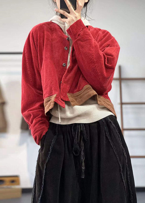 Red Oversized Patchwork Thick Corduroy Coat Winter