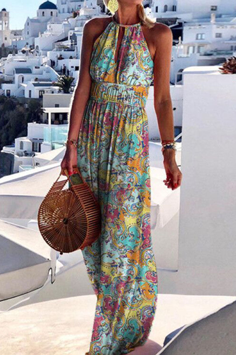 Print Patchwork Halter Pleated Dresses(4 Colors)