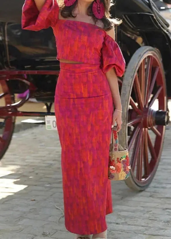 New Off Shoulder Top and Skirt Set Bubble Sleeves