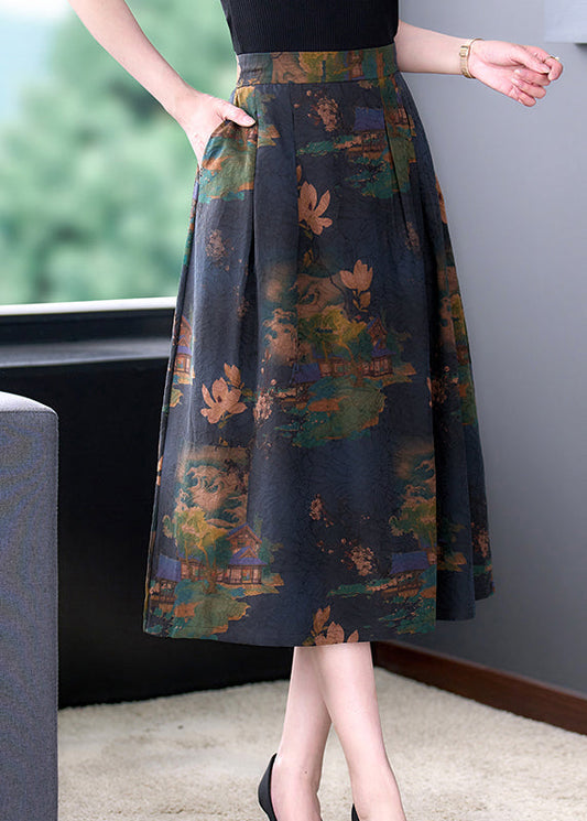 Retro Print Silk Draping a Line Skirt