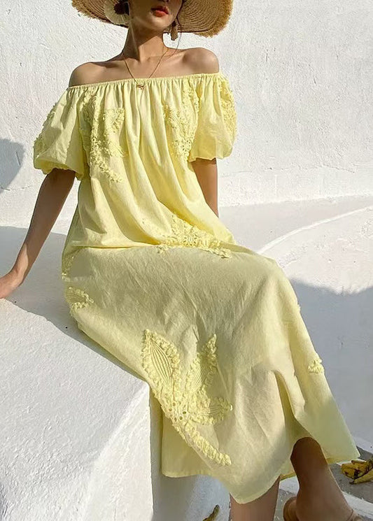 Yellow Embroidered Pockets Cotton Long Dresses Slash Neck Summer