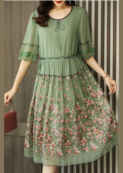 Green Chiffon Long Dress Ruffled Embroidered Summer