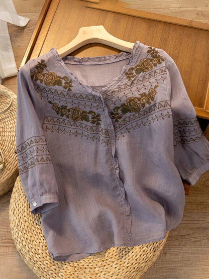 Embroidered Crew Neck 3/4 Sleeve Linen Top