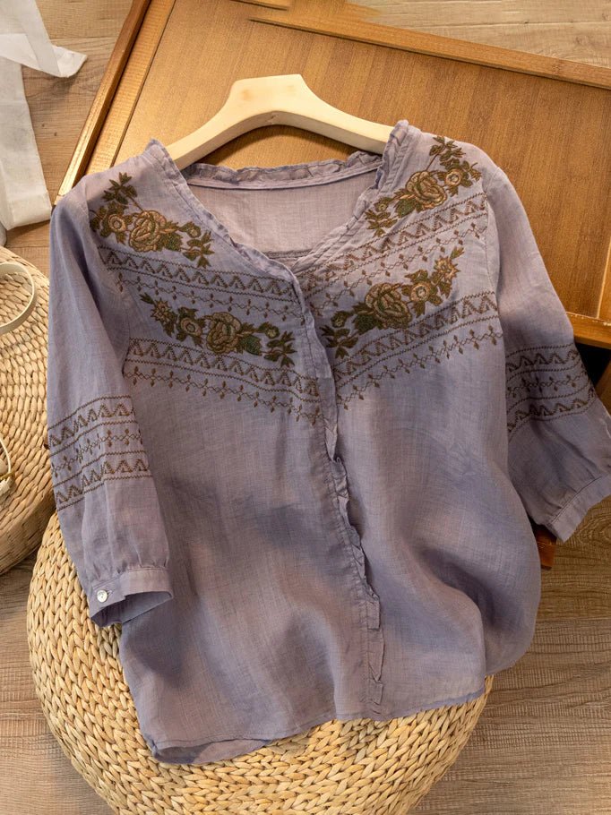 Embroidered Crew Neck 3/4 Sleeve Linen Top