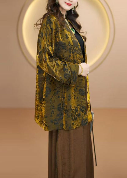 Gold V Neck Jacquard Silk Cardigan Fall